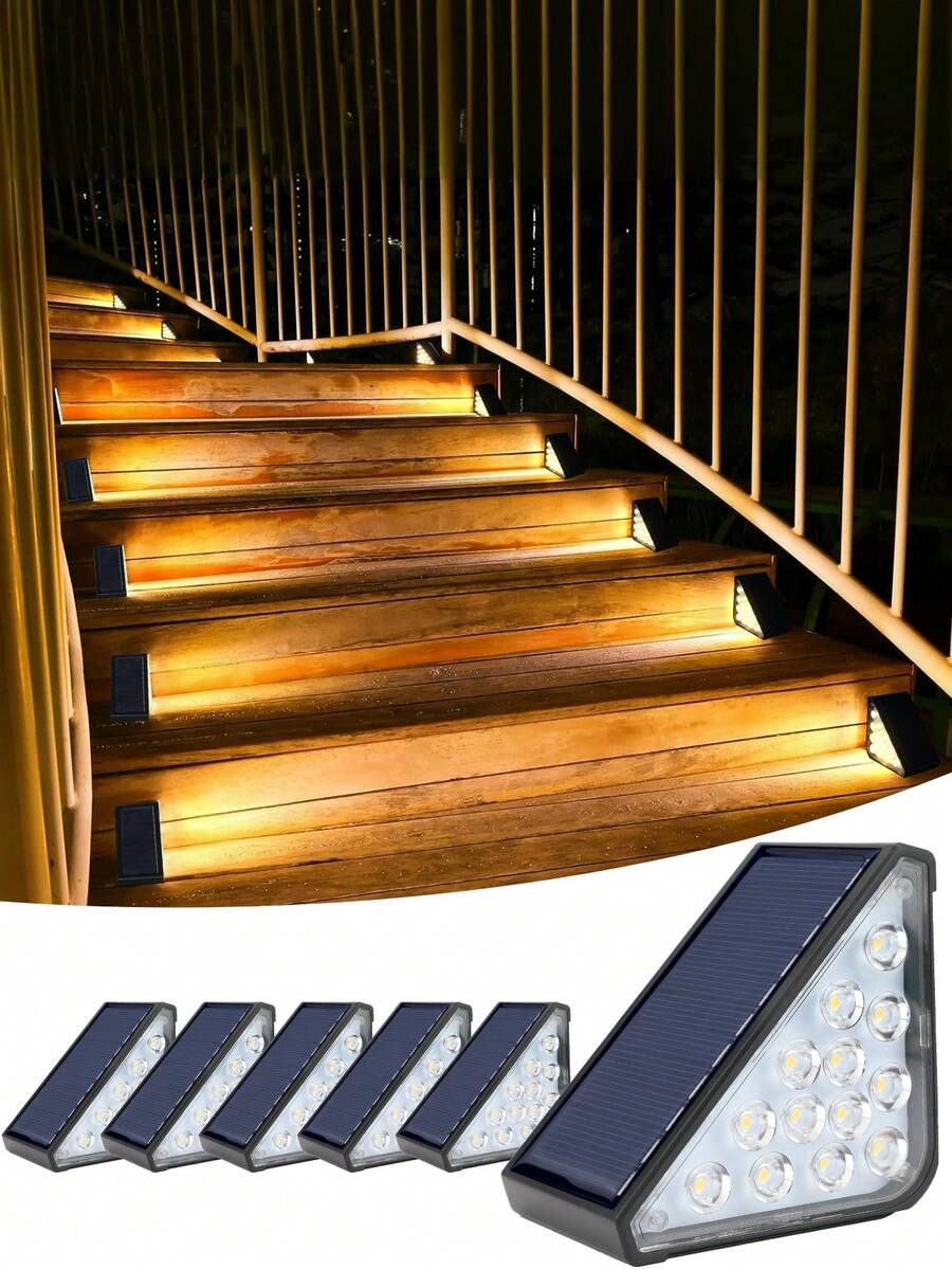 2/4pcs Warm Light 13LED Solar Stair Lights, Outdoor Safety Lighting Ground Lights, Warm LED Night Lights, Triangular Minimalist Stair Lights, Auto On/Off Daytime, Semi-Recessed Installation, Lithium Battery, Solar Powered Charging, Outdoor Garden Decor, Outdoor Lighting | Modern Stair Lighting | Solar Charging Lights, Garden, Entrance, Hallway, Walkway, Patio, Party Decor Lights, Christmas Decor, Halloween Decor, Indoor/Outdoor Floor Decor, Camping Decor - Step Light-warm Color - View 1