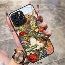 Cat And Butterfly In Flower Field 2D Pattern Glass Phone Case For IPhone Air 17 16 Pro Max 15 14 PLUS 13 12 11  Galaxy S25 S24 S23 S22 Ultra FE ,Full Body Protections Shockproof Cover Creativity Fashion - Black - View 4