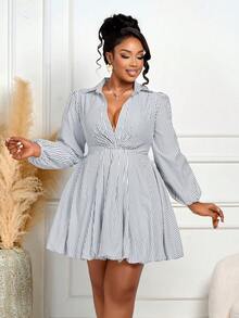 BIUBIU 大码女式黑白条纹灯笼袖荷叶边连衣裙，秋冬服装，时尚休闲家居服/户外服，秋季婚礼宾客装，商务休闲装，办公室着装，优雅春季 - 黑與白 - 查看 2