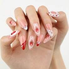 Sweet Strawberry Pink Wearable Short Almond Nails French Pearl Bow Nail Art False Nails - JP3740 - 查看 2