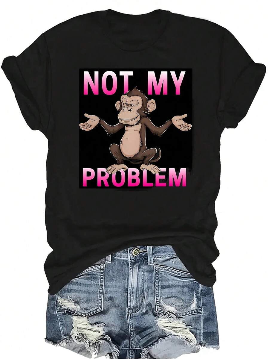 [Camiseta de moda casual] Camiseta suave y cómoda para mujer - Gráfico de mono "No es mi problema" Parte superior de manga corta y cuello redondo casual, regalo perfecto para la abuela y la mamá, uso casual de primavera y verano - Negro - Ver 1