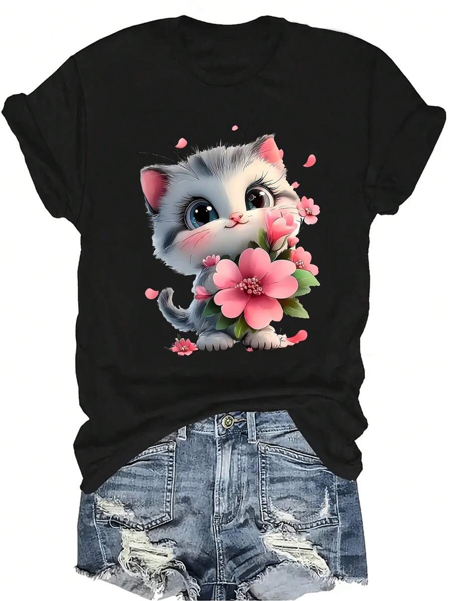 [Camiseta de Moda Casual] Camiseta de mujer suave y cómoda - Camiseta de manga corta de cuello redondo con arte floral de gatito lindo, regalo perfecto para la abuela y la mamá, uso casual de primavera y verano - Negro - Ver 1