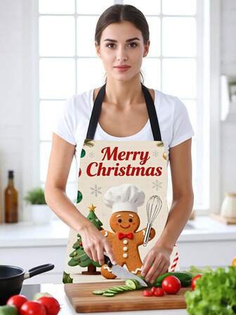 1 件圣诞节专属可爱姜饼人围裙，55x68 厘米，无口袋，亚麻材质，适合圣诞节、万圣节、感恩节派对、厨房烹饪防护围裙、烘焙配件