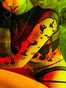1 Piece Of Halloween Funny Witch Ghost Pumpkin Bat Spider Web Halloween Night Decoration Temporary Tattoo Sticker Suitable For Cosplay Halloween Cartoon Decoration Party Tattoo Waterproof And Sweatproof Suitable For People