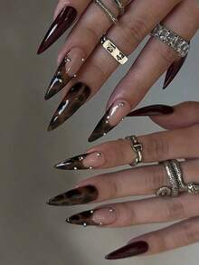 24 Pieces Long Pointed Brown Leopard French Nail Stickers With Silver Bead Design, Retro Style Full Cover Fake Nails, Suitable For Women And Girls Daily Wear - 多色 4 - 查看 8