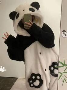 Autumn And Winter Cartoon Nightgown Plush And Thick Cute Panda Plush Hooded Nightgown Capibara Home Comfortable Leisure Warm Mid-Length Jumpsuit Home Clothes - 黑與白 - 查看 2