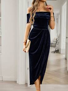 PoPoHouse Women's Party Dress Perfect For Valentine's Day, Romantic Dates Holiday Parties And Cocktail Events This Figure-Hugging Comfortable Off-Shoulder Sexy Dress Features A Front Slit Design With A One-Shoulder Velvet Material Offering An Elegant And Stylish Gown,Holiday Outfits For Women, Spring Dress - Navy Blue - View 7