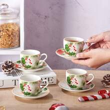 MBB Christmas Teacup And Saucer Set Ceramic Espresso Coffee Mug With Saucer Festive Serveware Holiday Gift Christmas Cup Charming Holiday Design Versatile Drinkware Elegant Holiday Theme Prints Finish U-Shape Memorable Holiday Gift Dishwasher And Microwave , 3 Oz Or 6 Oz Porcelain Cup For Tea, Coffee, Espresso - Christmas Tree, Holly & Red Berries Holiday Accents - Holiday Collection Design For Gifting - Multicolor - View 5