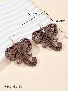 1 Pair Hollow Animal Elephant Design Drop Dangle Wooden Earrings, Casual & Unique For Women - Brown - View 4
