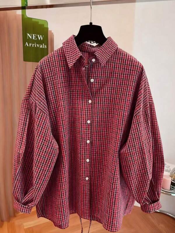 Koszula damska w kratę, wiązana z przodu, luźna, swobodna i z rozcięciem z tyłu