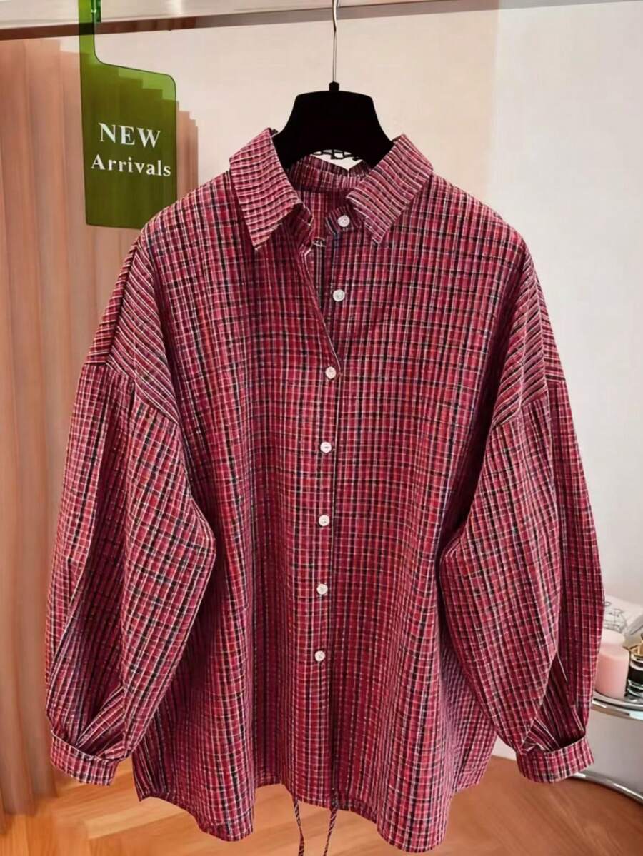 Women's Plaid Tie-Front Casual Loose Shirt With Back Slit