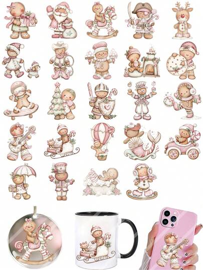 4 Sheets Cute Pink Christmas Cookie Gingerbread People DIY UV DTF Rub On Transfer Stickers Crafts, Junk Journal, Tumbler Glass Jars, Coffee Mugs Cup Wraps, Bottles Vase, Laptops Phone Cases, Greeting Cards Decal Stickers, Illustration, Scrapbooking, Merry Christmas, Xmas Tree Ornament Transfer Stickers, Party Home Decor
