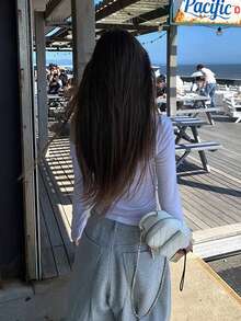 女式荷叶边长袖不对称肩部白色性感T恤 - 白色 - 查看 2