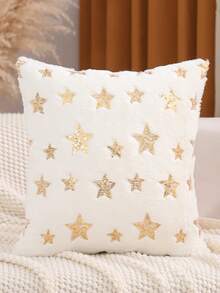1 Pc Plush Decorative Throw Pillow Cover With Gold Sequin Embroidered Star - Gold - View 10