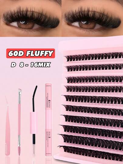 ICHICKISS 200 Ciuffetti di ciglia finte - Kit di ciglia 60D, Curvatura D, lunghezza mista 8-16mm, include colla, pinzette e pennello, ciglia riutilizzabili soffici da 0,07mm per feste, regali, matrimoni e vacanze