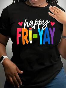 Women's Happy Fri-Yay Graphic T-Shirt - Colorful Lettering With Hearts & Pencils Design, High-Stretch Fabric, Round Neck Short Sleeve Casual Top For Teachers,, Spring Summer Fall Outfits, Apparel,220g - 黑色 - 查看 1
