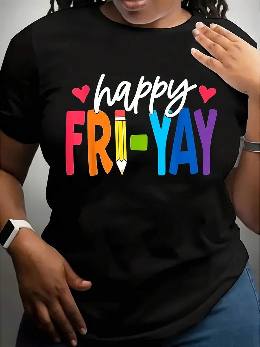 Women's Happy Fri-Yay Graphic T-Shirt - Colorful Lettering With Hearts & Pencils Design, High-Stretch Fabric, Round Neck Short Sleeve Casual Top For Teachers,, Spring Summer Fall Outfits, Apparel,220g - 黑色 - 查看 1