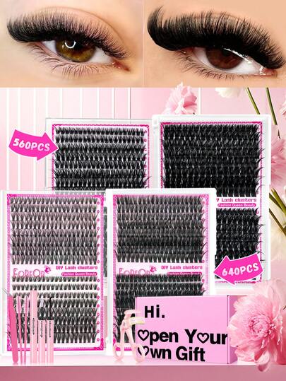 FQBFQB Kit de extensión de pestañas falsas 560 piezas/640 piezas, D Curl de estilos mixtos de 9-16 mm 30D 40D 50D 60D 80D 100D 120D, pestañas falsas individuales naturales y suaves con pinzas, cepillo, pegamento, rizador de pestañas, adecuado para principiantes, cosplay, uso diario, regalo de maquillaje perfecto para el Día de San Valentín, cumpleaños, Halloween, Navidad