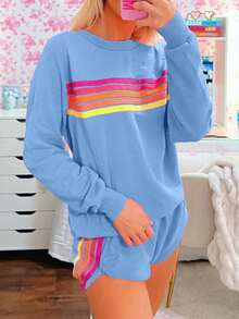 Women Striped Sports 2 Piece Set Autumn Striped Long Sleeve Pullover Sweatshirt  And Dolphin Shorts Casual Fall Clothes - Màu xanh lam - Xem 2