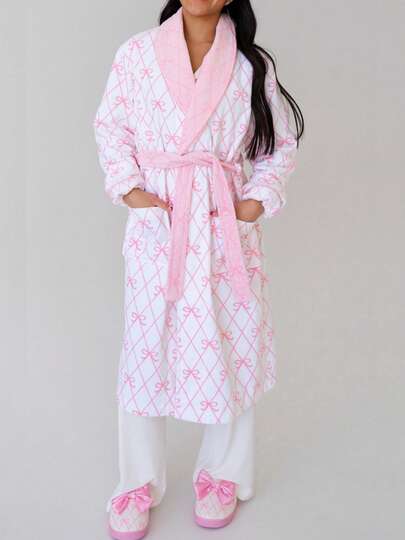 Women Fleece Bow Print Bathrobe Soft Flannel Lounge Robe Cute Fall Robe Lightweight Warm Gown With Belt Sleepwear
