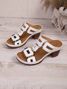 1双女士时尚复古高跟凉鞋，几何图案波西米亚复古别致PU皮革铆钉装饰高跟凉鞋，适合婚礼、派对、度假、夏季及其他场合