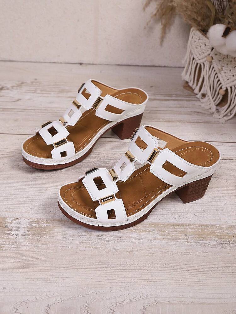 1 Pair Women's Fashionable Retro High Heel Sandals, Geometric Pattern Bohemian Vintage Chic PU Leather Rivet Decor High Heel Sandals, Suitable For Wedding, Party, Vacation, Summer And Other Occasions,Wedge Heels - Beige - View 6