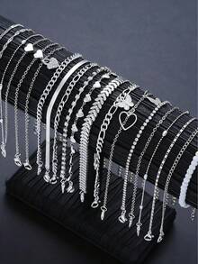 38pcs/19pcs/7pcs Set Women Elegant Vacation Style Hollow Butterfly & Heart Pendant Silver Anklet Set, Fashionable Jewelry For Girls Daily, Beach, Vacation - Silver 2 - View 4