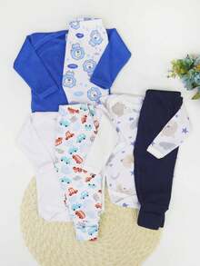 3-Piece Baby Boy Set: Ribbed Long Sleeve Bodysuit With Button And Plain And Printed Footed Pant - Assorted Colors And Prints - Multicolor - View 4