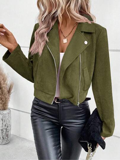 Chaqueta corta con cremallera de estilo biker chic de moda para mujer, de ante sintético, con solapa elegante, prenda exterior ideal para viajar y vestir en el aeropuerto con bolsillos decorativos falsos