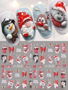 2 folhas de adesivos de unhas de veado de Natal 5D em relevo branco vermelho veado luzes de Natal urso pinguim design adesivo desenho animado urso decalque decoração de arte de unha - Multicolorido - Ver 1