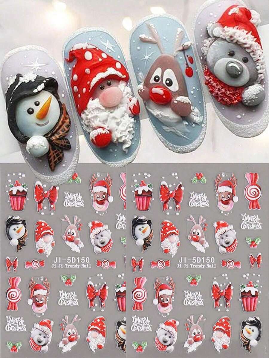 2 folhas de adesivos de unhas de veado de Natal 5D em relevo branco vermelho veado luzes de Natal urso pinguim design adesivo desenho animado urso decalque decoração de arte de unha - Multicolorido - Ver 1