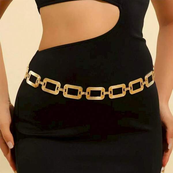 1 pieza Cadena para la cintura de joyería corporal de metal de moda para mujer, cinturón de cintura con decoración geométrica para vestido