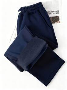 男士户外裤，保暖内衬，厚实，休闲，防风，直筒，抽绳腰部设计，适合寒冷冬季 - 藏蓝色 - 查看 2