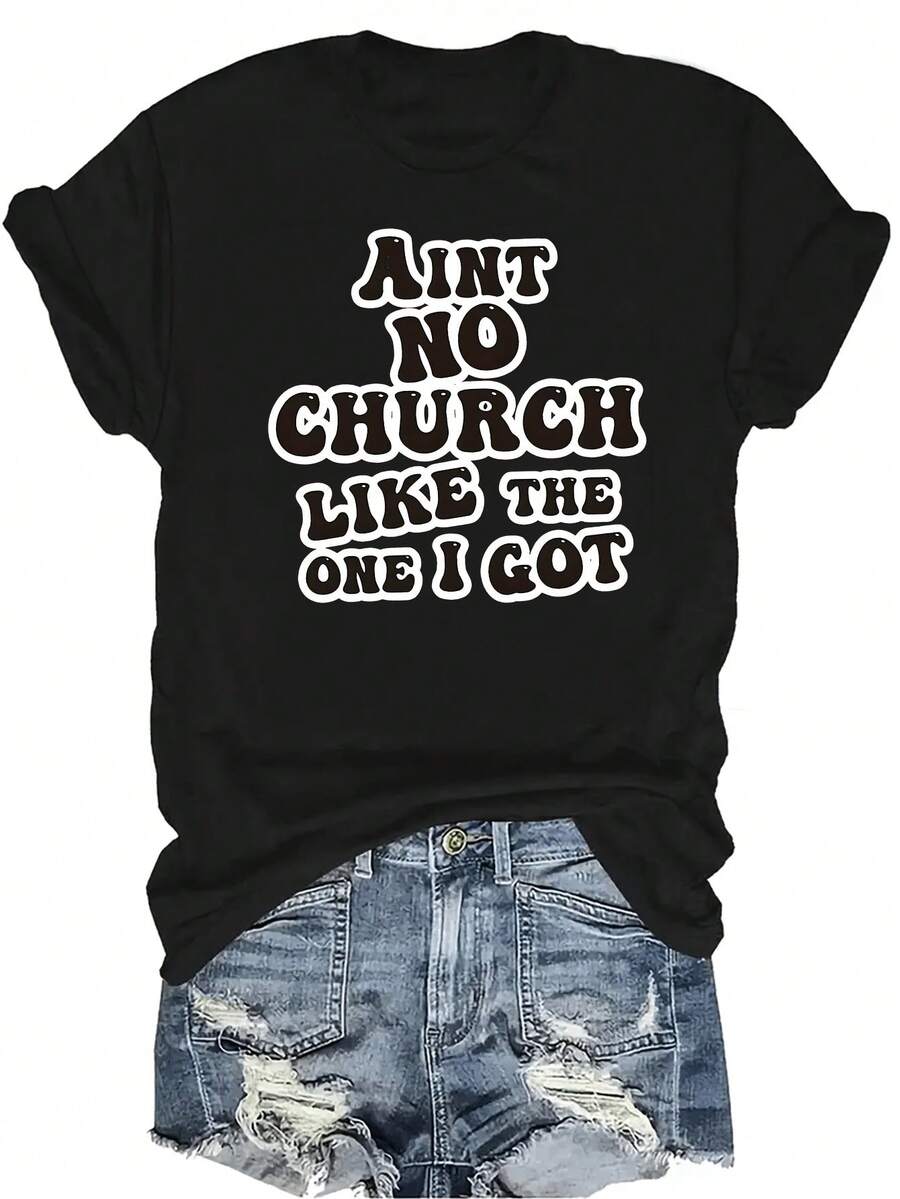 [Camiseta de moda casual] Camiseta de mujer suave y cómoda - Cita única de la iglesia Parte superior de manga corta y cuello redondo casual, regalo perfecto para la abuela y la mamá, uso casual de primavera y verano - Negro - Ver 1