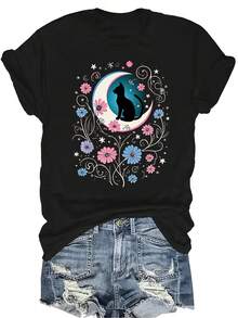 [Camiseta de Moda Casual] Camiseta suave y cómoda para mujer - Camiseta de manga corta de cuello redondo con estampado de gato, luna y flores para uso casual, regalo perfecto para la abuela y la mamá, ropa casual de primavera y verano - Negro - Ver 1