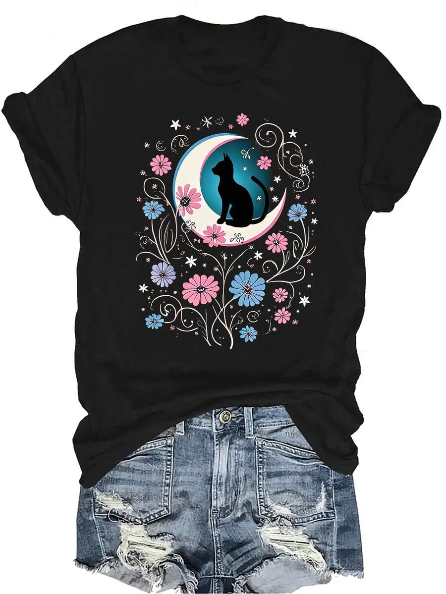 [Camiseta de Moda Casual] Camiseta suave y cómoda para mujer - Camiseta de manga corta de cuello redondo con estampado de gato, luna y flores para uso casual, regalo perfecto para la abuela y la mamá, ropa casual de primavera y verano - Negro - Ver 1