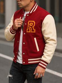 男士撞色印花棒球夹克，年轻学生时尚休闲户外装，长袖飞行员夹克，春秋季 - 紅色 - 查看 3