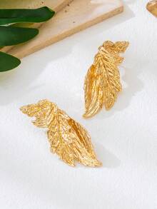 2pcs Fashionable Minimalist Textured Leaf Design Earrings, Suitable For Women's Daily, Date, Holiday And Party Wear - Yellow Gold - View 3