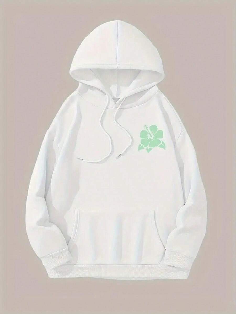 Floral & Letter Print Drawstring Hoodie, Casual Long Sleeve Hooded Sweatshirt With Pocket For Fall & Winter, MEN's Clothing,Fall Hoodies,Men's Fall Clothes,Street Wear,Halloween,Mens Hoodies,Y2k Clothes,Jesus Hoodie,Thanksgiving Day,Nightmare Before Christmas,Christmas - 白色 - 查看 1