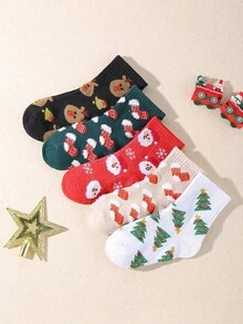 5 Pairs Kids Christmas Santa Claus Cartoon Pattern Christmas Socks, Christmas Holiday Gift Socks