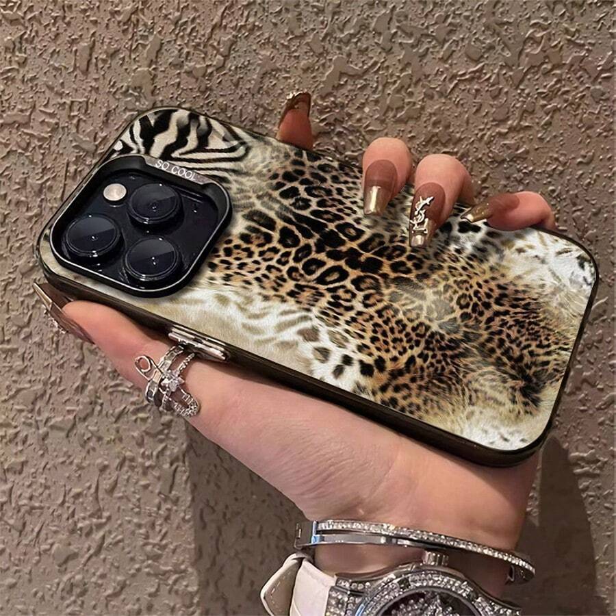 1pc Leopard Print And Zebra Print Compatible For Phone17/16/15/14/13/12/11/8/ 7ProMax/Pro/Plus/Xs Max/XS/X,For Compatible With Colored Simple Fall Prevention Anti-Shock, Anti-Slip, Anti Drop, Camera Lens Protection, Silicone Anti Wear Phone Case - màu đen - Xem 1