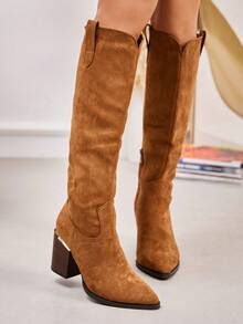 fandelle Women's Pointed Toe Fashion Daily Commute Side Zipper High Heel Knee-High Boots - Camel - View 3