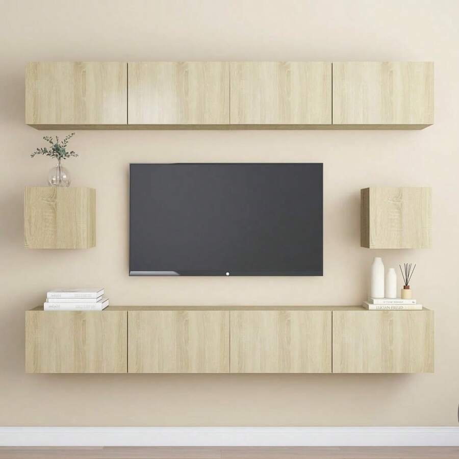 Set di mobili TV Larryhot da 6 pezzi in legno ingegnerizzato di quercia Sonoma, resistente, facile da montare, ottimo per l'arredamento della casa - Castano - Visualizzare 1