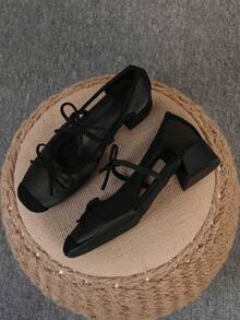 方头粗跟女鞋，百搭蝴蝶结一脚蹬平底鞋，时尚穆勒鞋，黑色镂空高跟鞋，女式高跟浅口鞋，尺码偏大 35-43 - 黑色中空(雙蝴蝶結) - 查看 12