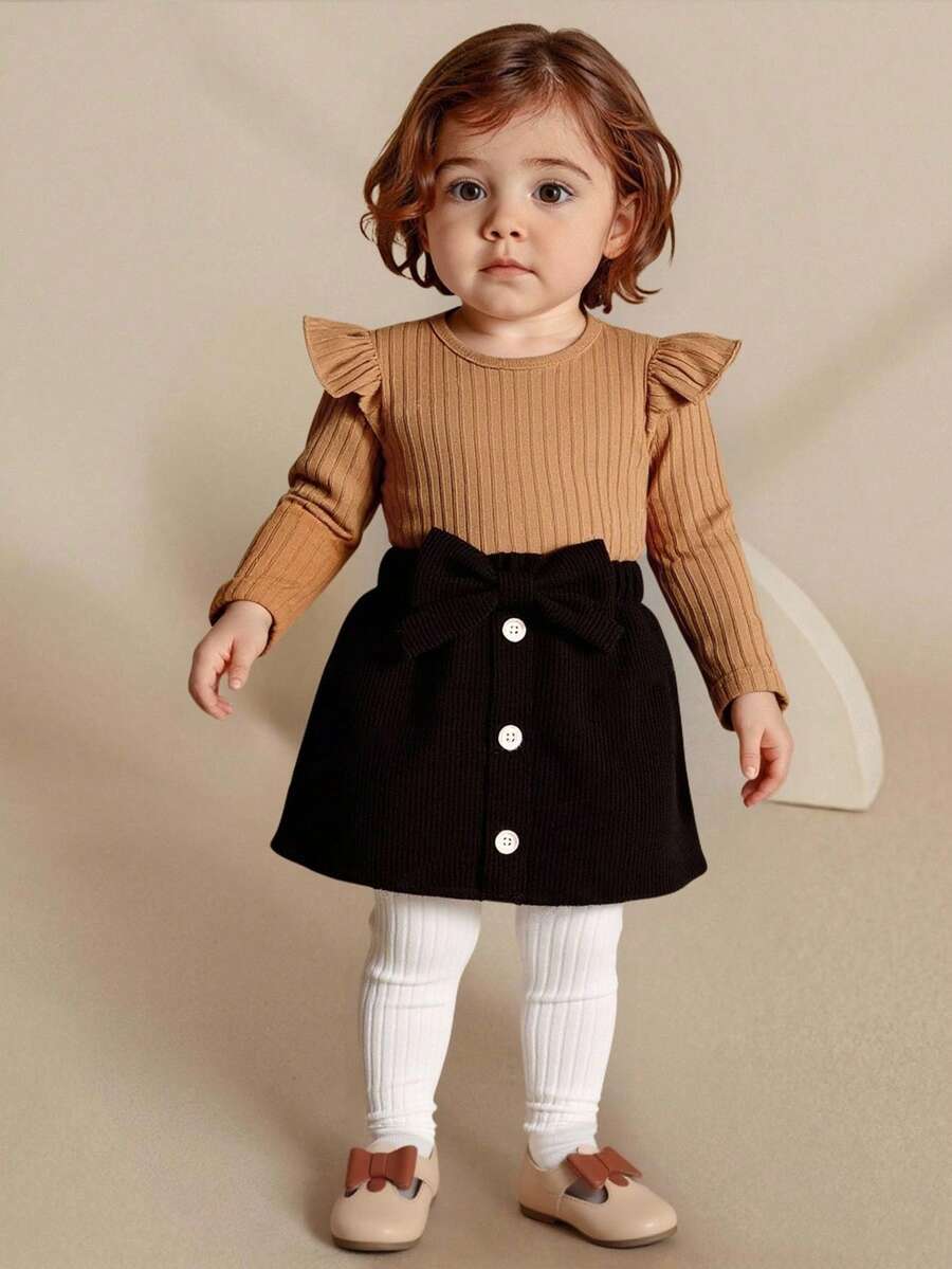 SHEIN Elladie kids 女婴荷叶边T恤和蝴蝶结前裙 - 彩色 - 查看 1