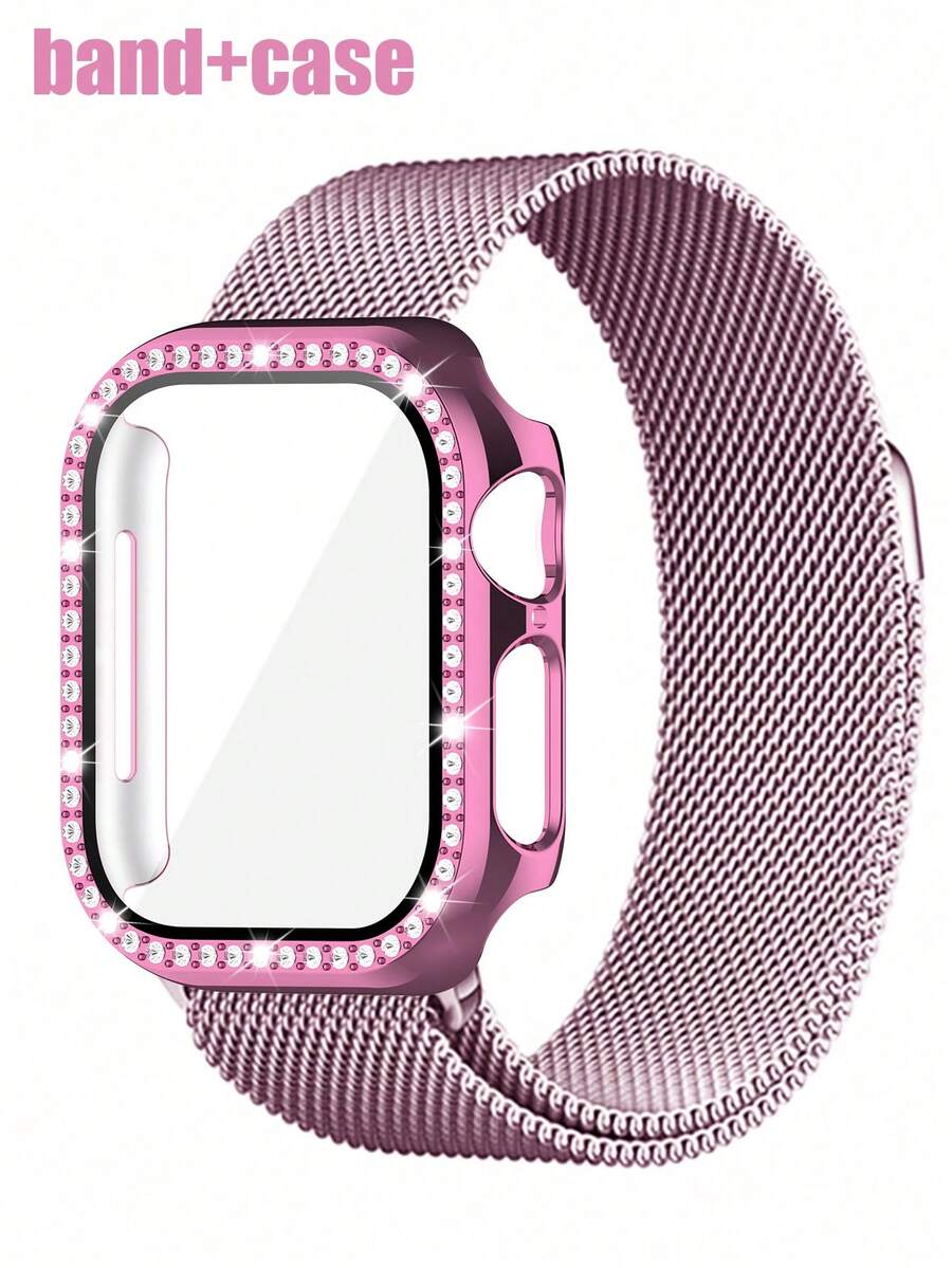 兼容 表带和表壳组合。时尚休闲，男女皆宜。这款二合一表壳采用柔软透气、可调节的环形不锈钢编织磁扣表带，镶嵌闪亮水钻，防摔防刮，PC 材质，并覆有钢化玻璃保护膜。兼容 Series Ultra/11/10/9/8/7/6/5/4/3/Se，搭配 38/40/41/42/44/45/46/49 毫米表带和表壳。 - 玫瑰粉 - 查看 1
