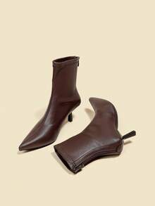 Fall/Winter 7cm High Heel Brown Ankle Boots, Comfortable & Fashionable Pointed Toe Elastic Slim Boots For Women, Elegant, Kitten Heels - Brown - View 4