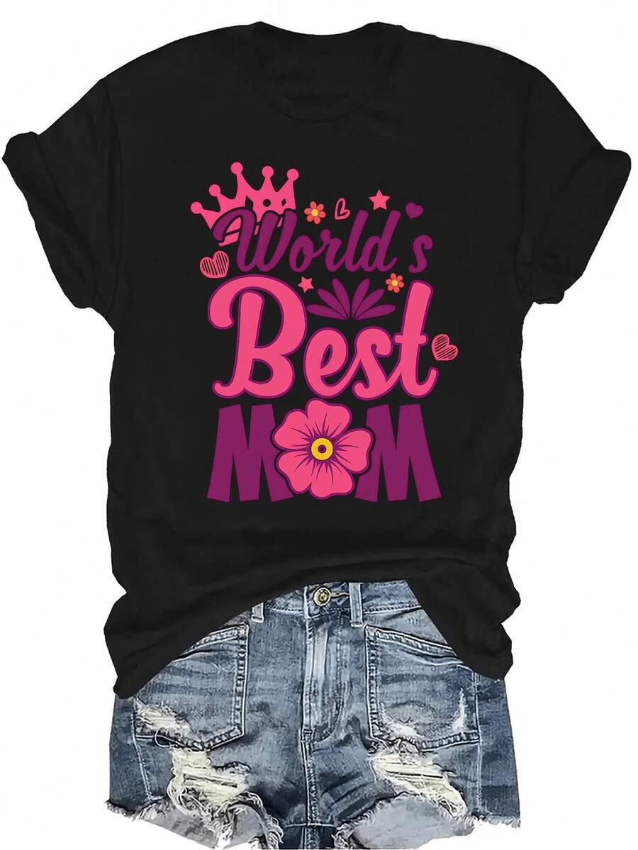 [Camiseta de moda casual] Camiseta suave y cómoda para mujer - Mejor mamá del mundo Corona Casual de manga corta cuello redondo, regalo perfecto para la abuela y la mamá, uso casual de primavera y verano - Negro - Ver 1