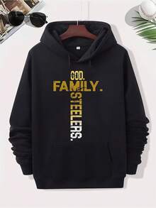 Men's Plus Size Hoodie - Heavyweight Pullover Sweatshirt With GOD FAMILY STEELERS Pattern, Front Pocket Design - Machine Washable Exclusive For Steelers Fans, Casual Daily Wear - Black, Street Style Fashion, Comfortable Fabric, Essential For Sports Fans - màu đen - Xem 6
