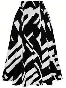 New Products In Autumn And Spring. Retro-Style Geometric Art Print Skirt. Black And White Color High-Waisted Lace-Up Waist And Wide Swing A-Line Skirt. Slim And Long Style. Retro And Elegant Commuting And Dating. Daily Multi-Scenario Wear Women's Skirt.